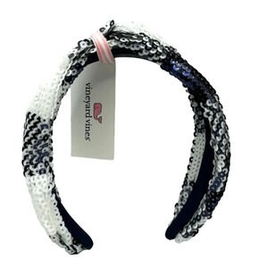 Vineyard Vines Sequin Plaid Knotted Headband NWT Navy Blue / Black White